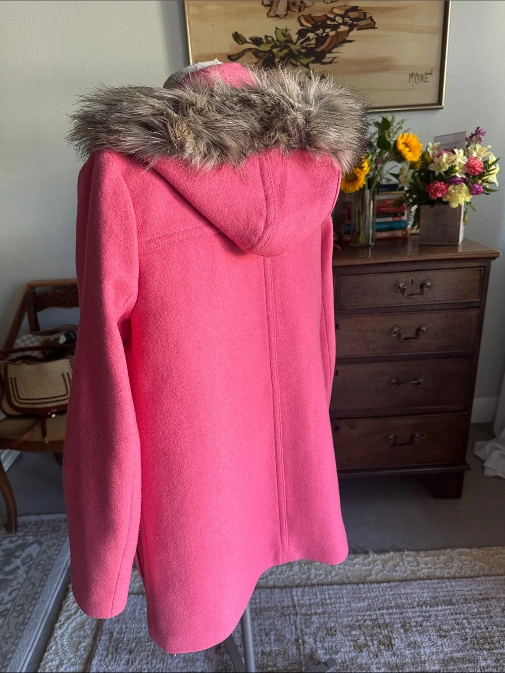 J. Crew Pink Hooded Wool-Blend Trench Coat with Faux Fur Trim